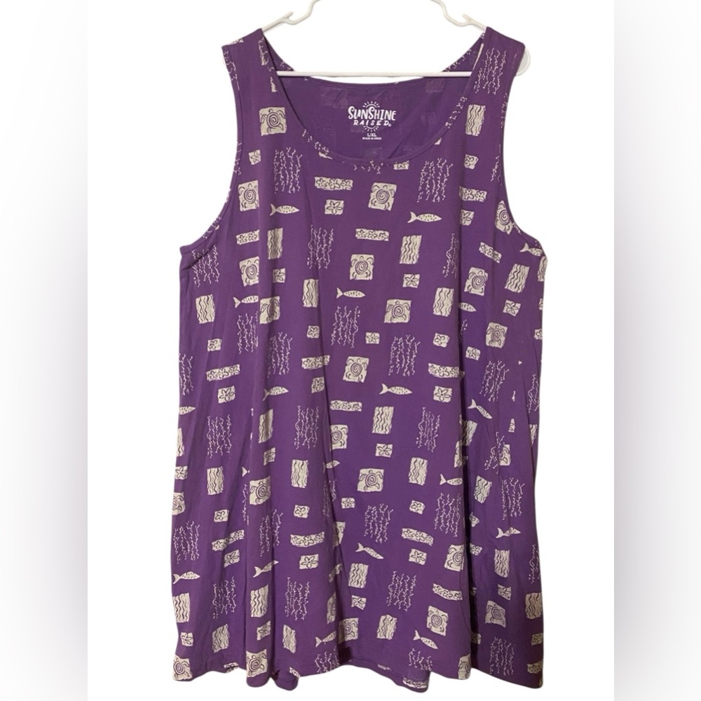 Sunshine Raised Novelty Fish Tunic Mini Dress L/XL Purple 100% Cotton Beach Girl